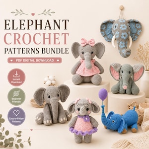 Amigurumi Elefant Virkmönster Bundle | Virkmönster Plyschelefanter | 6 Söta Elefant PDF Mönster | Direkt Nedladdning