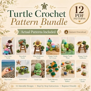 Puede incluir: Un paquete digital de 12 patrones de ganchillo para objetos con temática de tortugas. La imagen muestra varias tortugas de ganchillo terminadas, incluyendo una tortuga helado, una tortuga girasol, un cuenco tortuga y un juego de memoria, con el texto Turtle Crochet Pattern Bundle.