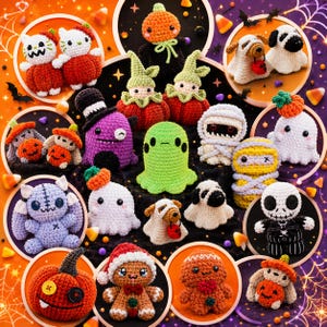 Op de afbeelding: Een verzameling van diverse gehaakte Halloween-figuren, waaronder pompoenen, spoken, mummies, peperkoekmannetjes en wezens, allemaal voorzien van gedetailleerde garentexturen, geborduurde gelaatstrekken en feestelijke seizoenskleuren.