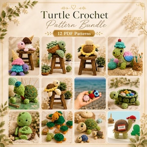 May include: A digital collection titled Turtle Crochet Pattern Bundle featuring 12 PDF patterns. The image displays various crocheted turtles in different colors, sizes, and styles, including some with shells resembling plants, food, or hats.