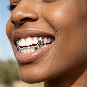 Può includere: Un set di coperture dentali o grillz in metallo color argento applicati sui denti superiori e inferiori. L'accessorio dentale presenta una finitura liscia e lucida che copre i singoli denti, inclusa una capsula per canino e una sezione inferiore.
