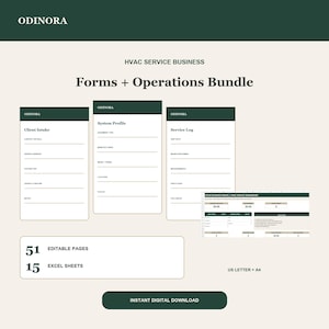May include: An HVAC service business forms and operations bundle by Odinora featuring three document templates labeled Client Intake, System Profile, and Service Log, an Excel dashboard, 51 editable pages, 15 Excel sheets, and US Letter and A4 sizing.