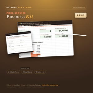Puede incluir: Un kit de negocios digital para servicios de piscina que incluye una hoja de cálculo de panel de operaciones y un formulario de evaluación de equipos. El panel muestra clientes activos, trabajos reservados, ingresos y beneficios.