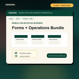 Op de afbeelding: Een digitaal dashboard-interface voor een mobiel autoreinigingsbedrijf genaamd Forms + Operations Bundle. Het bevat tabbladen voor Home, Insert, Formulas, Data, met secties voor Vehicle Intake, Detail Checklist en Route Planner. Bevat 46 bewerkbare pagina's en 15 Excel-bladen.