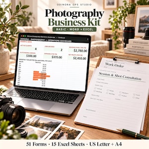 May include: A photography business kit featuring a laptop displaying an operations dashboard with financial data, a clipboard with a work order and session consultation form, a camera lens, and printed photographs on a wooden desk surface.