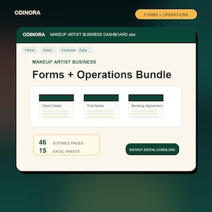 Peut inclure: Une interface de tableau de bord numérique intitulée ODINORA MAKEUP ARTIST BUSINESS Forms + Operations Bundle. Elle comprend des onglets Home, Insert, Formulas, Data, et des sections Client Intake, Trial Notes, Booking Agreement, 46 pages modifiables et 15 feuilles Excel.