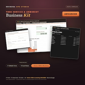 Könnte beinhalten: Ein digitales Business-Kit für Baumpflegedienste und Arboristen mit einem Betriebs-Dashboard, einem Formular zur Baum- und Standortbewertung sowie einem Notion Lead-Pipeline-CRM. Das Kit enthält 51 bearbeitbare Formulare, 15 Excel-Tabellen und Notion-Vorlagen.