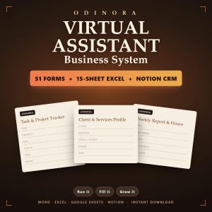 Virtual Assistant Business Kit | 51 Client Forms + 15-Sheet Excel Dashboard + Notion CRM & Marketing | All-in-One Editable Template