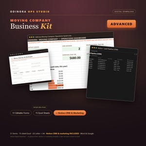 Moving Company Business Kit | 51 Client Forms + 15-Sheet Excel Dashboard + Notion CRM & Marketing | All-in-One Editable Template