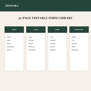 Może przedstawiać: 51-stronicowa biblioteka edytowalnych formularzy Odinora z czterema ciemnozielonymi kolumnami nagł&oacute;wkowymi oznaczonymi jako Client, Tasks, Admin i Operations. Każda kolumna zawiera pięć kategorii, w tym Inquiry, Intake, Briefs, Inbox i Quality.