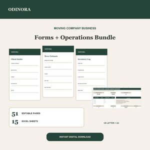 May include: A digital bundle for a moving company business featuring three document templates labeled Client Intake, Move Estimate, and Inventory Log, a dashboard spreadsheet, and text indicating 51 editable pages, 15 Excel sheets, and US Letter plus A4 sizing.