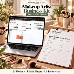 May include: A digital makeup artist business kit featuring a laptop displaying an operations dashboard with financial data, a clipboard with a client consultation form, and various makeup brushes and cosmetics arranged on a desk.