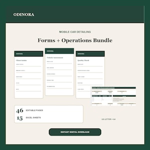 May include: A digital bundle for mobile car detailing featuring three vertical forms labeled Client Intake, Vehicle Assessment, and Quality Check, alongside an Excel dashboard. The layout includes the text ODINORA, 46 editable pages, 15 Excel sheets, and US Letter + A4 sizing.