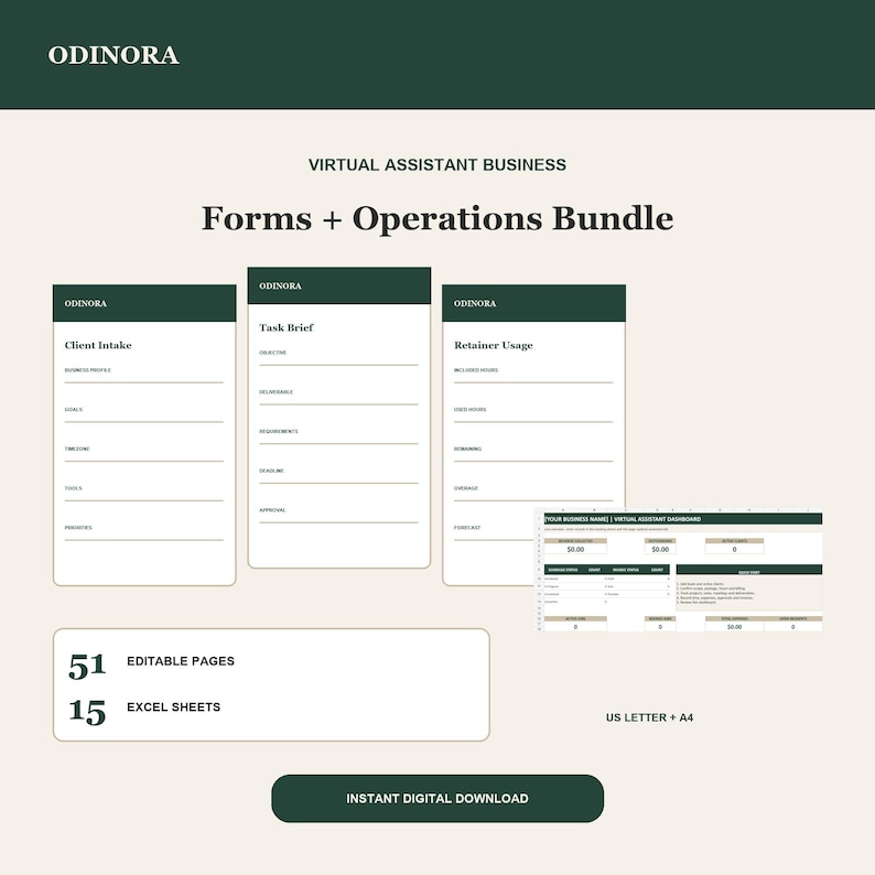 Może przedstawiać: Cyfrowy pakiet biznesowy dla wirtualnych asystent&oacute;w z tekstem ODINORA VIRTUAL ASSISTANT BUSINESS Forms + Operations Bundle. Zawiera szablony Client Intake, Task Brief, Retainer Usage, 51 edytowalnych stron, 15 arkuszy Excel oraz formaty US Letter + A4.