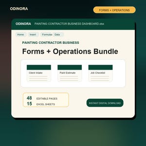 May include: A digital dashboard interface titled ODINORA PAINTING CONTRACTOR BUSINESS DASHBOARD.xlsx featuring a Forms + Operations Bundle with Client Intake, Paint Estimate, and Job Checklist sections, 48 editable pages, 15 Excel sheets, and an instant digital download button.
