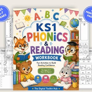 Puede incluir: Un libro de ejercicios titulado ABC KS1 PHONICS & READING WORKBOOK con ilustraciones de un zorro, un oso, un búho y un conejo. La portada incluye texto como Ages 5-7 Years, 67 Printable Pages y Fun Activities to Build Reading Confidence.
