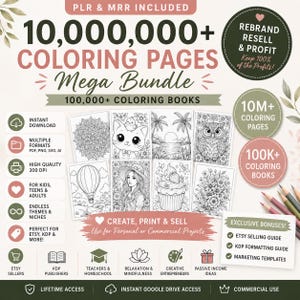 May include: A digital product bundle featuring 10,000,000+ coloring pages and 100,000+ coloring books with PLR and MRR rights. The graphic displays various black and white line art illustrations including a mandala, cat, beach scene, owl, hot air balloon, person, cupcake, and flowers.