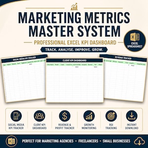May include: Marketing Metrics Master System professional Excel KPI dashboard featuring three spreadsheet templates: Social Media KPI Tracker, Client KPI Dashboard, and Revenue Tracker. Includes icons for tracking, analysis, and instant download.