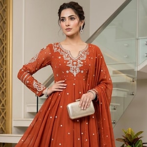 Designer Pakistani Heavy Georgette Embroidery Sequence Work Orange Anarkali Suit With Dupatta 3pc Suit, Party Wear Gown, Wedding Gown 3Pc