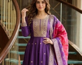 Purple Silk Anarkali Suit for Women, Embroidered Anarkali Gown with Dupatta, Festive Ethnic Wear, Wedding Party Dress, Indian Flared Gown