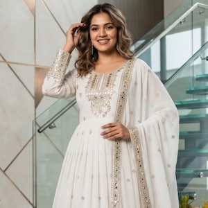 Designer White Full Flared Heavy Embroidered Sequence work Salwar Kameez with Dupatta, Party wear Dress, 3Pc Wedding Anarkali, Function wear