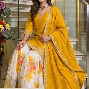 Pakistani Designer Party Wear Yellow Salwar Kameez with Dupatta for Women, Sharara Suit, Top-Palazzo, Indian Ethnic Suit, Pakistani Suits image 7