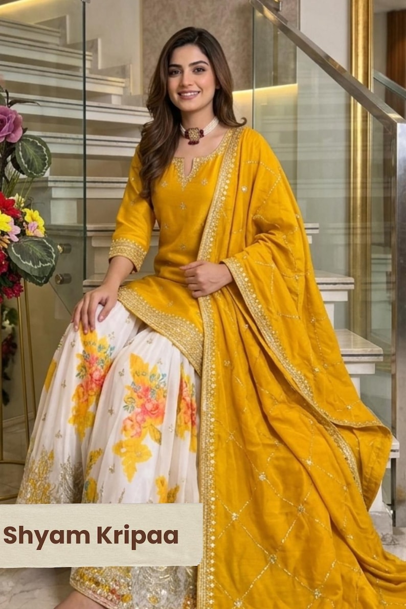 Pakistani Designer Party Wear Yellow Salwar Kameez with Dupatta for Women, Sharara Suit, Top-Palazzo, Indian Ethnic Suit, Pakistani Suits image 7