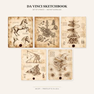 Da Vinci Sketch Wall Art Set of 5 - Vintage Invention Drawings, Antique Engineering Blueprint Prints, Office and Study Decor Printable