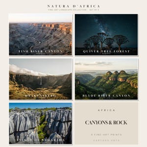 Può includere: Un set di cinque stampe artistiche di paesaggi intitolato Natura d'Africa, che raffigura Fish River Canyon, Quiver Tree Forest, Drakensberg, Blyde River Canyon e Tsingy de Bemaraha. La collezione include scene fotografiche di canyon, formazioni rocciose e alberi.