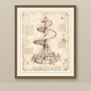 Op de afbeelding: Een ingelijste print met een sepia-kleurige technische tekening van een luchtschroefmechanisme. De illustratie toont een centrale spiraalstructuur ondersteund door een ronde basis met vier figuren die hendels bedienen, vergezeld van handgeschreven notities.