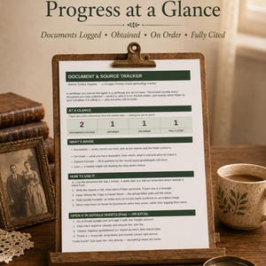 May include: A document and source tracker printed on white paper, secured to a wooden clipboard. The text includes sections titled Document & Source Tracker, At A Glance, What's Inside, How To Use It, and Open It In Google Sheets or Excel.
