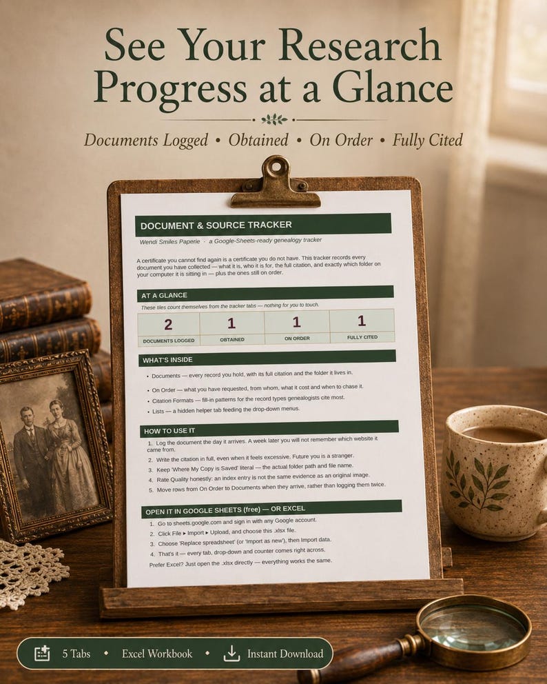 May include: A document and source tracker printed on white paper, secured to a wooden clipboard. The text includes sections titled Document & Source Tracker, At A Glance, What's Inside, How To Use It, and Open It In Google Sheets or Excel.