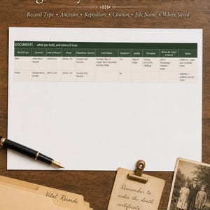 May include: A genealogy log sheet with the header Log Every Record You Have and columns for Record Type, Ancestor, Repository, Citation, File Name, and Where Saved. Includes a black fountain pen, labeled file folders, and a vintage family photo.