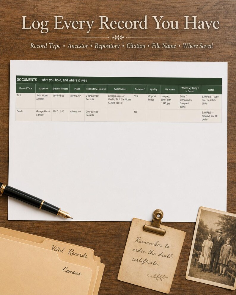 May include: A genealogy log sheet with the header Log Every Record You Have and columns for Record Type, Ancestor, Repository, Citation, File Name, and Where Saved. Includes a black fountain pen, labeled file folders, and a vintage family photo.