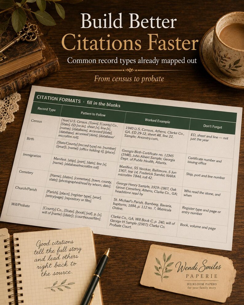 May include: A printed reference sheet titled Citation Formats fill in the blanks, featuring a table with columns for Record Type, Pattern to Follow, Worked Example, and Don't Forget, alongside a spiral notebook and a Wendi Smiles Paperie card.