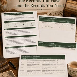 May include: A genealogy document and source tracker workbook printed on white paper with dark green headers. The pages feature tables for tracking records, citation formats, and instructions for use in Google Sheets or Excel, with text including 'Document & Source Tracker' and 'Citation Formats'.