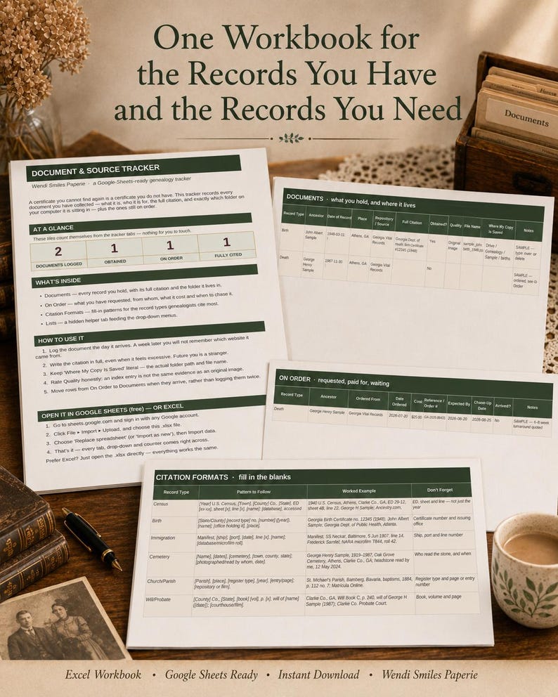 May include: A genealogy document and source tracker workbook printed on white paper with dark green headers. The pages feature tables for tracking records, citation formats, and instructions for use in Google Sheets or Excel, with text including 'Document & Source Tracker' and 'Citation Formats'.