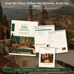 May include: An Italian Ancestry Research Guide printable PDF set featuring a cover page with the title, a records table, an ancestor profile form, and a page titled Bentornato a Casa. The documents include dark green accents and text.