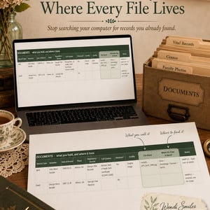 May include: A laptop displaying a digital document tracking spreadsheet alongside a printed version of the same table. The spreadsheet includes columns for record type, ancestor, date, place, source, citation, and file location for genealogy records.