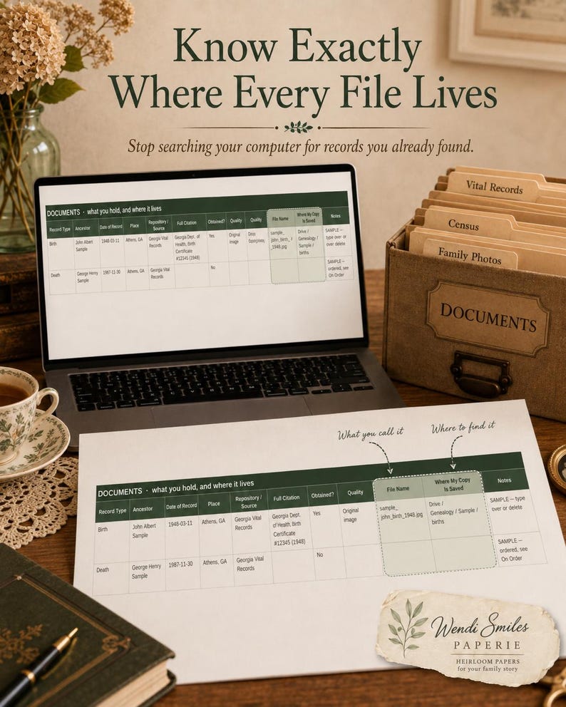 May include: A laptop displaying a digital document tracking spreadsheet alongside a printed version of the same table. The spreadsheet includes columns for record type, ancestor, date, place, source, citation, and file location for genealogy records.