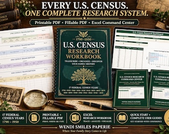 U.S. Census Research Workbook 1790-1950, Printable PDF, Excel Tracker (Digital Download)
