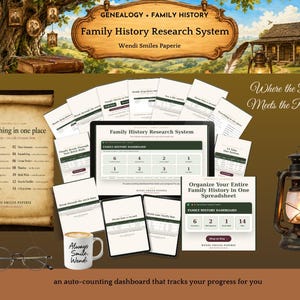 May include: A digital family history research system featuring a central dashboard, multiple spreadsheet pages, a scroll with a list of 14 categories, a white mug with text, and round glasses, all displayed against a rustic background with a lantern.