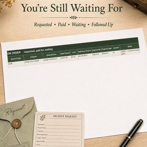 May include: A genealogy tracking sheet with the text Track the Records You're Still Waiting For, Requested, Paid, Waiting, Followed Up. Includes a table for record details, an Archive Request card, a green envelope, and a black pen.