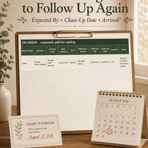 May include: A clipboard with an 'ON ORDER' tracking table, a desk calendar showing August 2026 with the 25th circled, and a 'FOLLOW UP REMINDER' card. The text reads 'Never Forget to Follow Up Again' and 'Track requests, costs, and arrivals'.