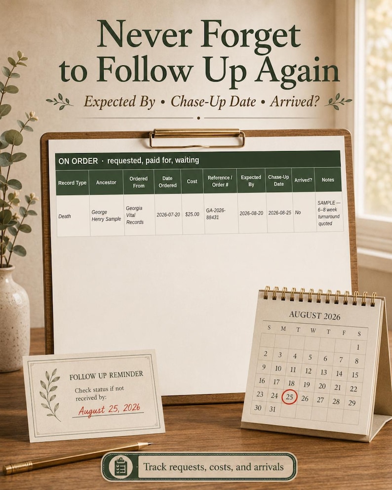 May include: A clipboard with an 'ON ORDER' tracking table, a desk calendar showing August 2026 with the 25th circled, and a 'FOLLOW UP REMINDER' card. The text reads 'Never Forget to Follow Up Again' and 'Track requests, costs, and arrivals'.