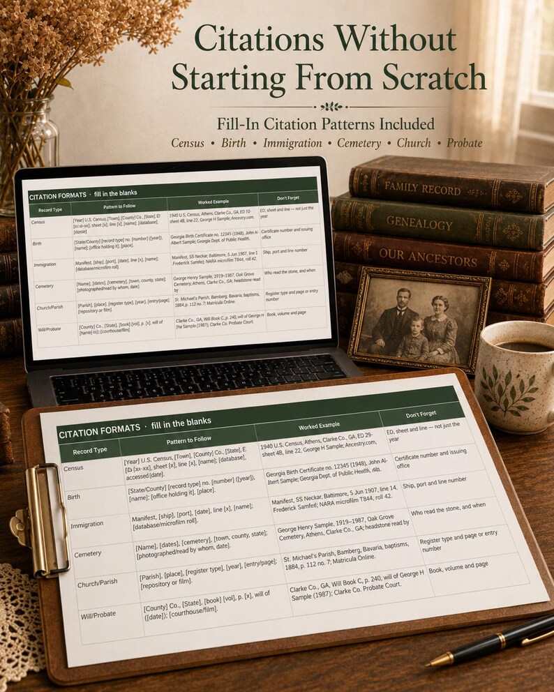 May include: A document titled Citations Without Starting From Scratch with fill-in citation patterns for census, birth, immigration, cemetery, church, and probate records. The document is displayed on a laptop screen and a clipboard with a pen.
