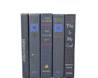 Deep Blue Denim Old Books, Navy Rustic Antique Decorative Books, Wedding Decor, Book Collection, Home Decor, Book Set Shabby Chic Book Decor
