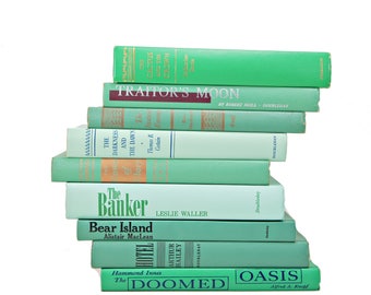 Green Ocean Books, Decorative Books, Rustic Book stack, Antique BOoks Set, Book Decor, Farmhouse CHic, Old Book Collection, fixer uupper