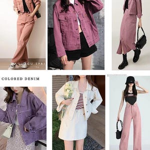 May include: A collection of colored denim jackets and matching bottoms in various shades including pink, purple, and white. The garments feature button-down closures, collars, and pockets, showcasing a variety of outfits with denim fabric.