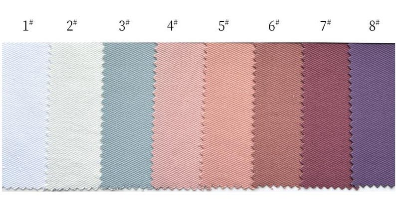 May include: A horizontal row of eight fabric swatches with a diagonal twill weave, each labeled with a number from 1# to 8#. The colors range from light blue, off-white, and sage green to various shades of pink, mauve, burgundy, and deep purple.